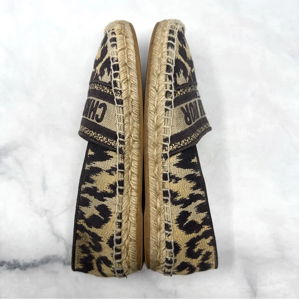 Christian Dior Granville Leopard Jacquard Logo Flat Espadrille Sandal Shoes 37.5